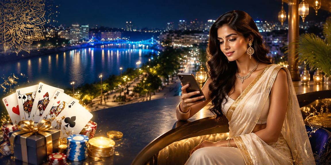 View of Ahmedabad Riverfront with people enjoying Teen Patti games